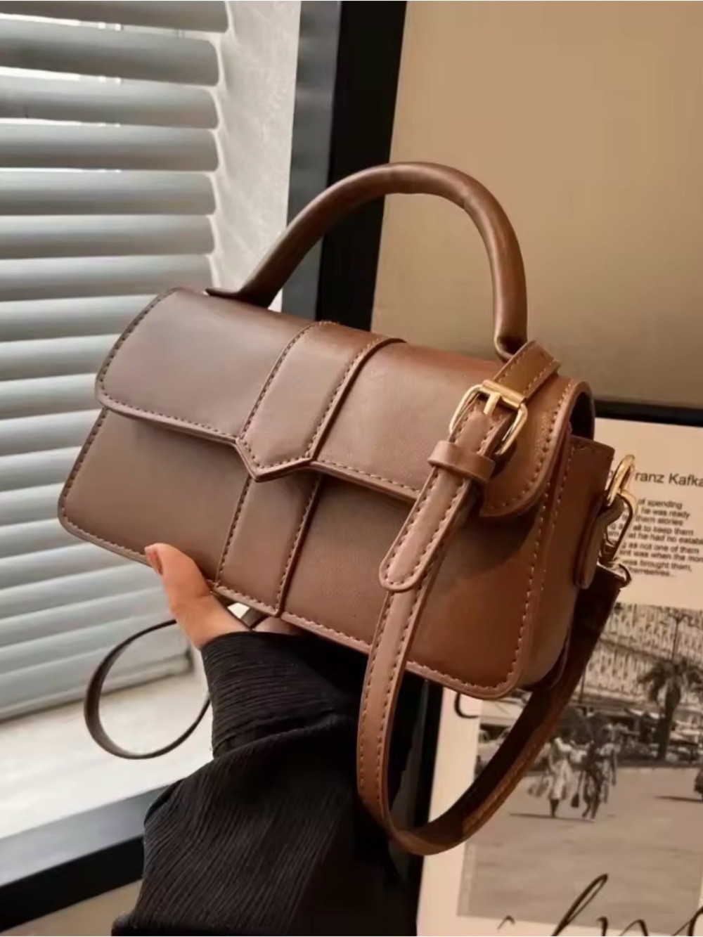 Classic Brown Leather Top-Handle Crossbody Bag